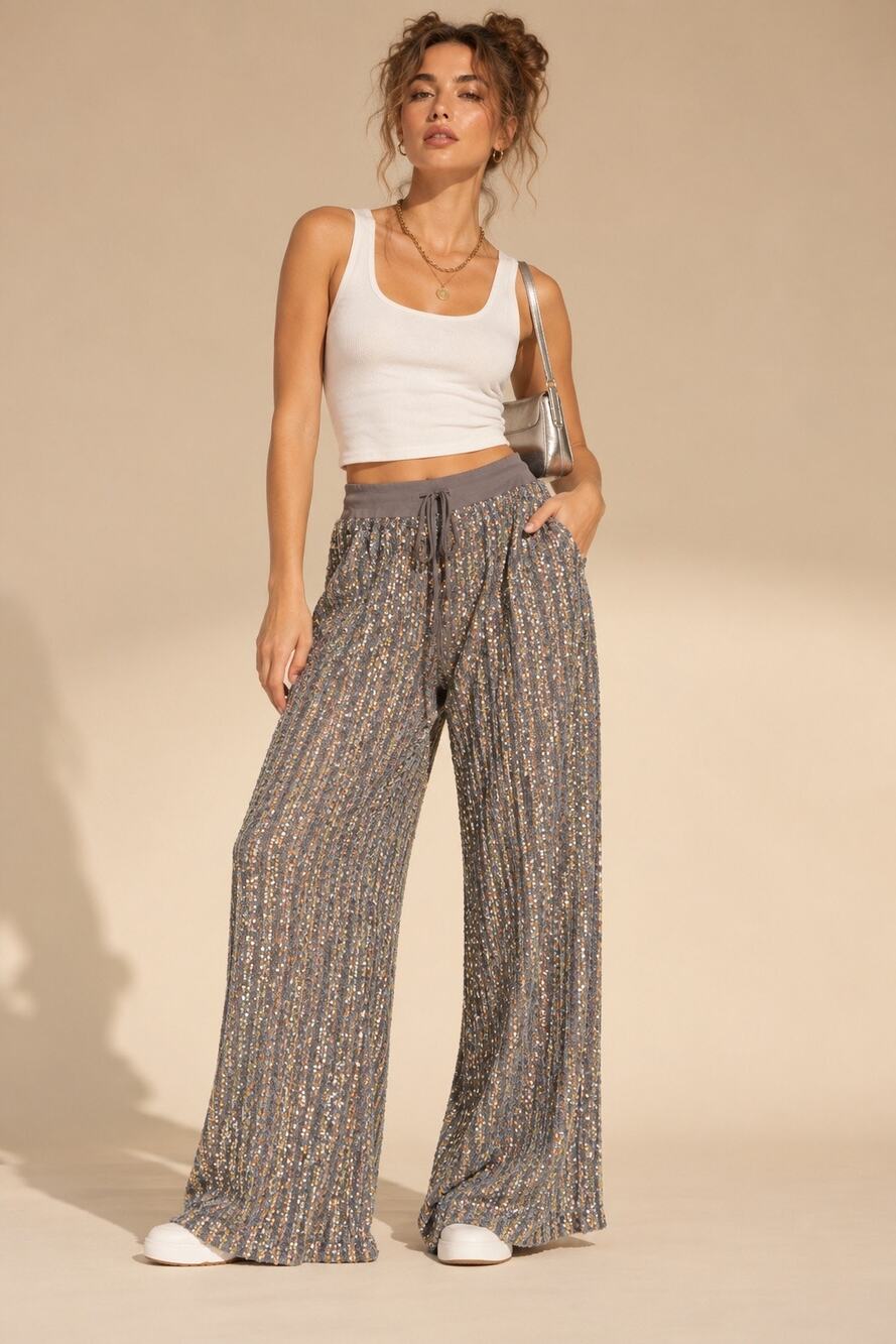 Dressed in Lala Gray Sequin Mesh Wide Leg Pants Sz L Pull On Sparkle Party Y2K